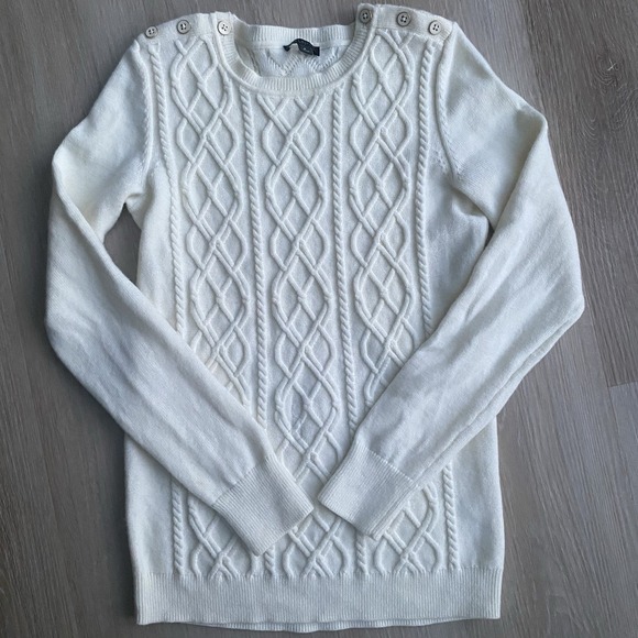 Talbots Sweaters - Talbots Ivory Cable Knit Sweater Womens Petite Button Shoulder Detail Lambswool